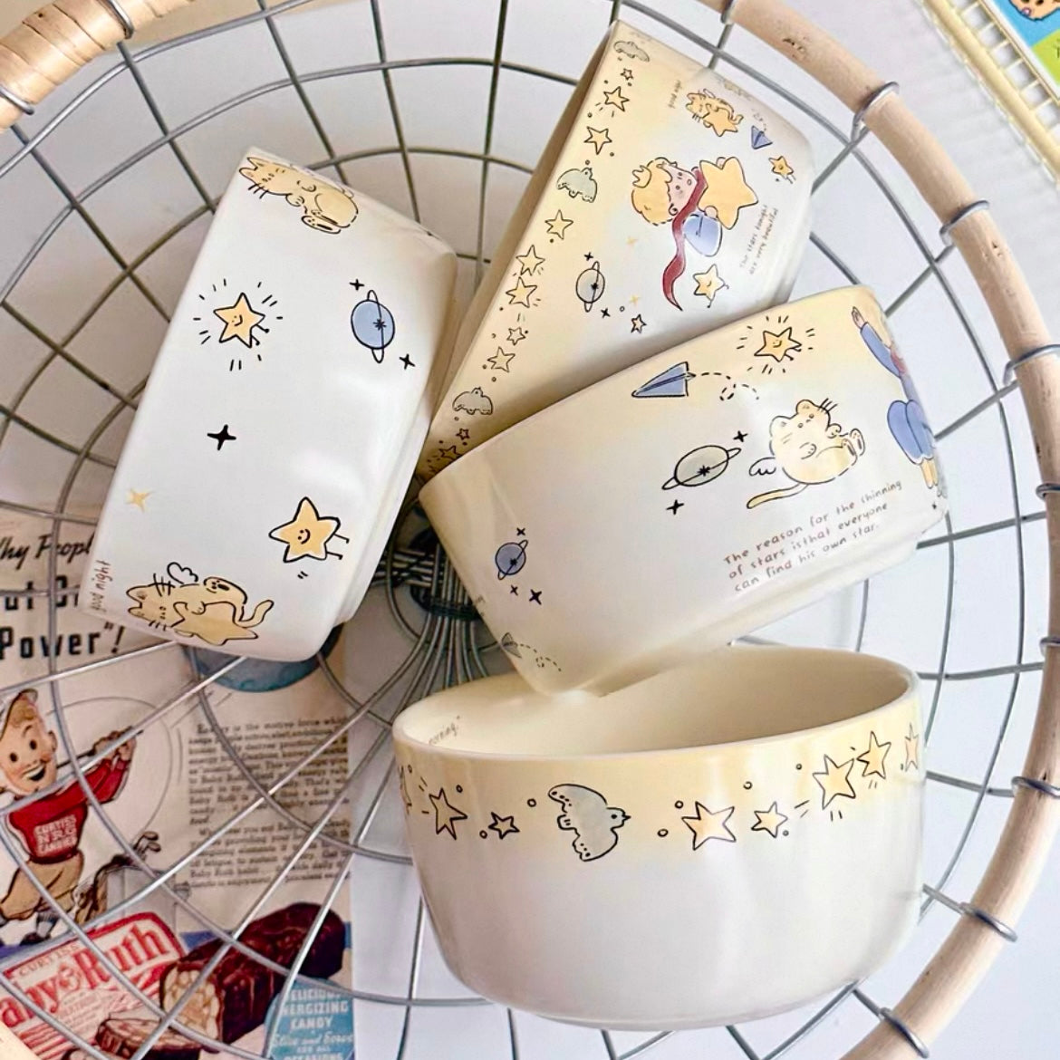 Star prince ceramic bowl set of 4 in cream gift box with alphabet pattern