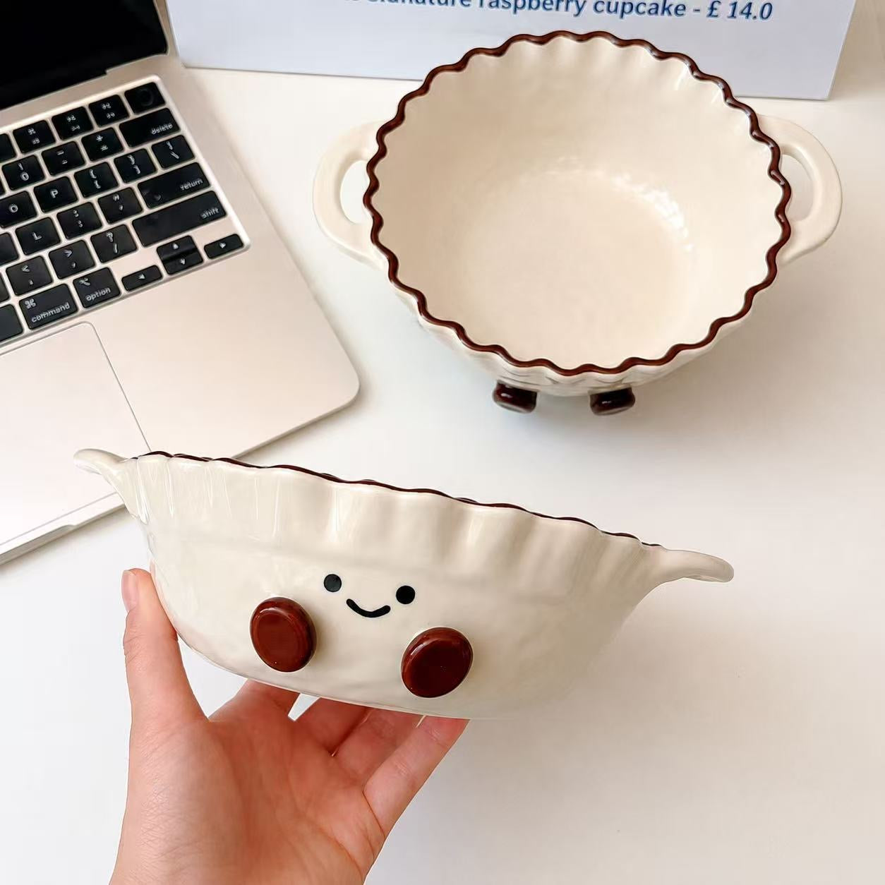 Hand-Painted Cocoa Bean Ceramic Ramen Bowl with Handles – 780ML