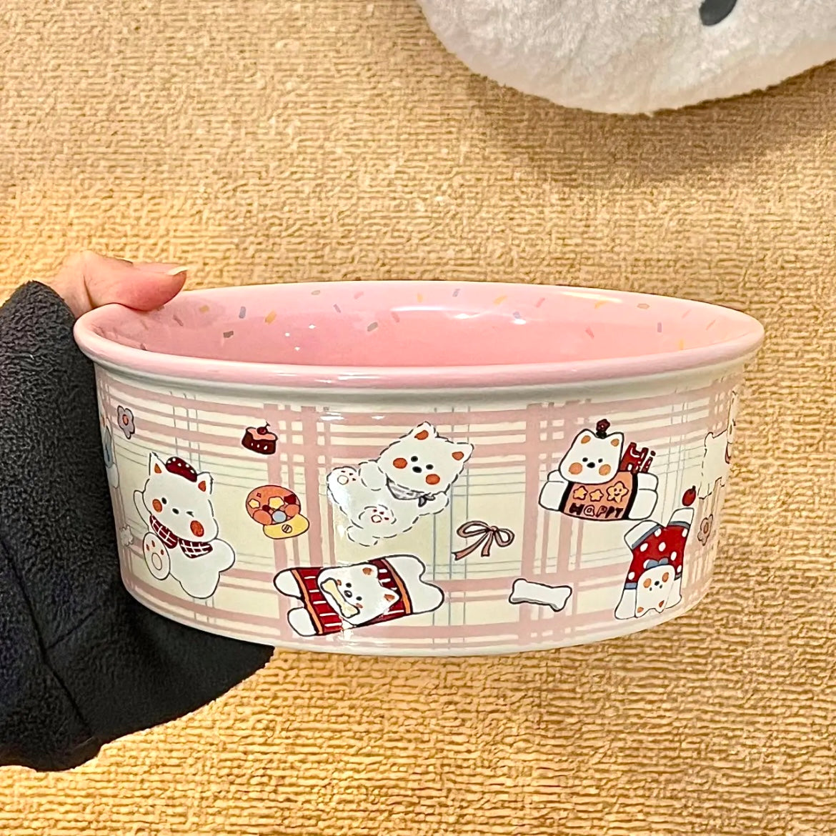 Pink ceramic salad bowls stacked showing Westie café, panda picnic, and piggy bakery designs, 600ML