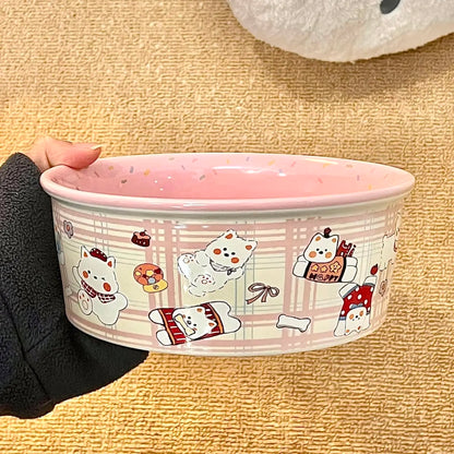 Pink ceramic salad bowls stacked showing Westie café, panda picnic, and piggy bakery designs, 600ML