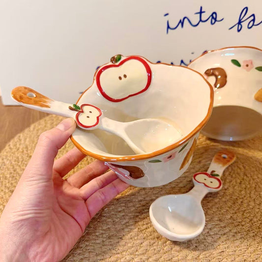 Embossed Apple Ceramic Yogurt Bowl with Spoon, 350ML