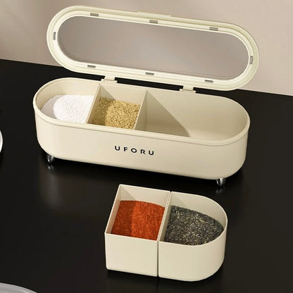 Creamy White Seasoning Storage Box| Food-Grade PP Plastic - 4-Compartment Organizer with Lid and Spoons