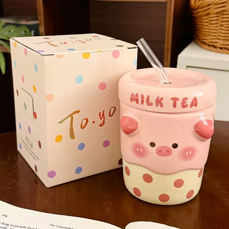 Bear & Piggy Milk Tea Ceramic Cup with Straw – 500ML