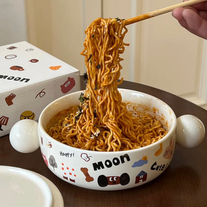 Moon Dog doodle round noodle bowl with cute ball handles and matching gift box
