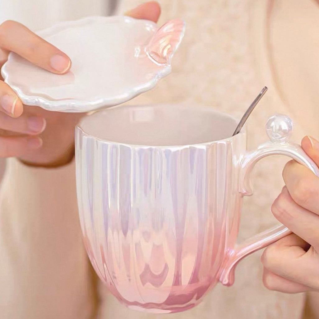 Seashell Pearl Glaze Ceramic Mug with Lid & Spoon - 400ML