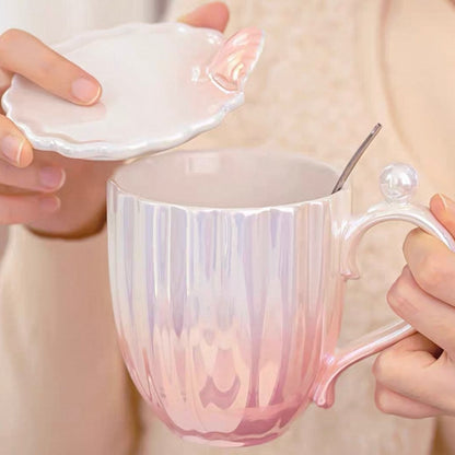 Seashell Pearl Glaze Ceramic Mug with Lid & Spoon - 400ML