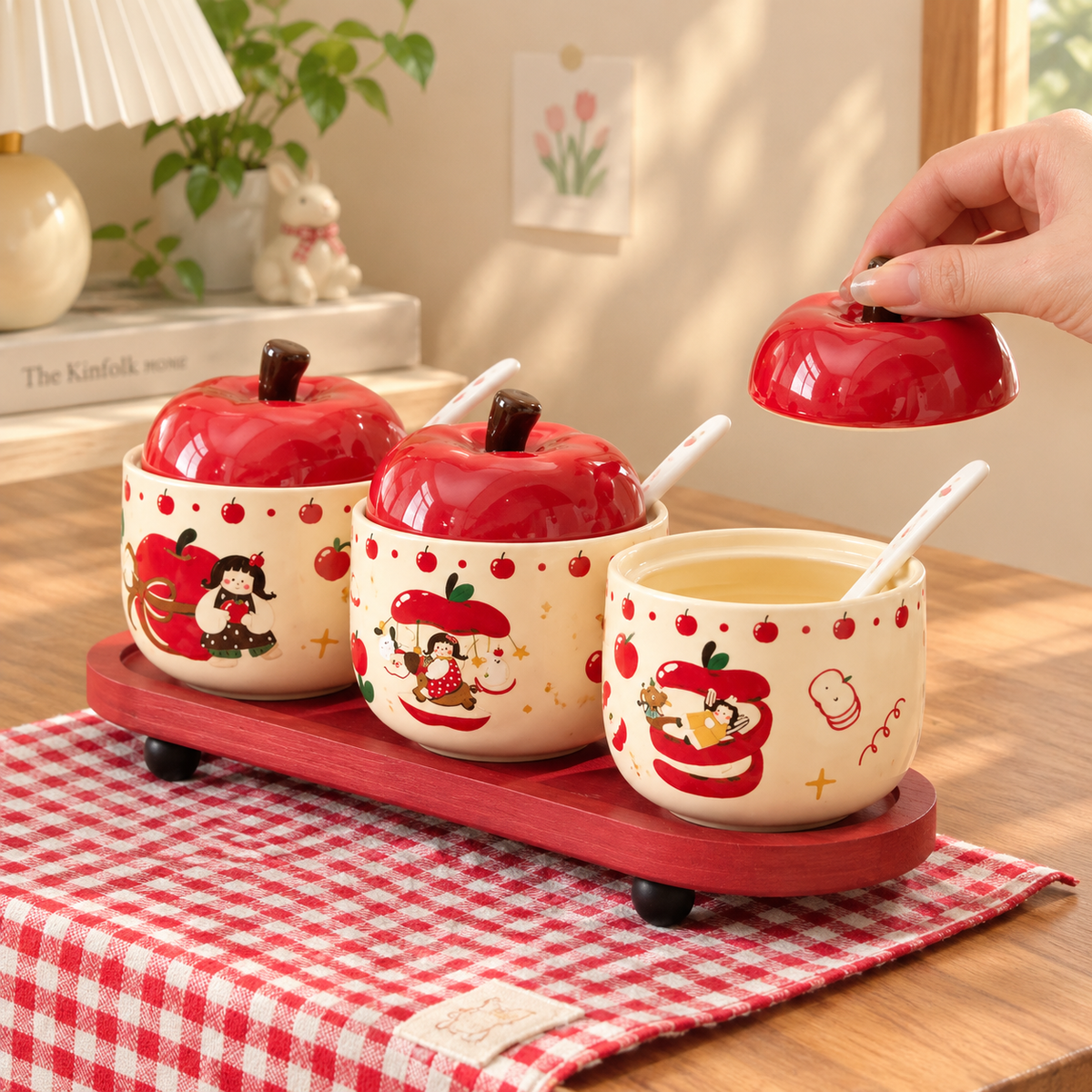 Apple Girl Ceramic Spice Jar Gift Set with Wooden Tray – Set of 3