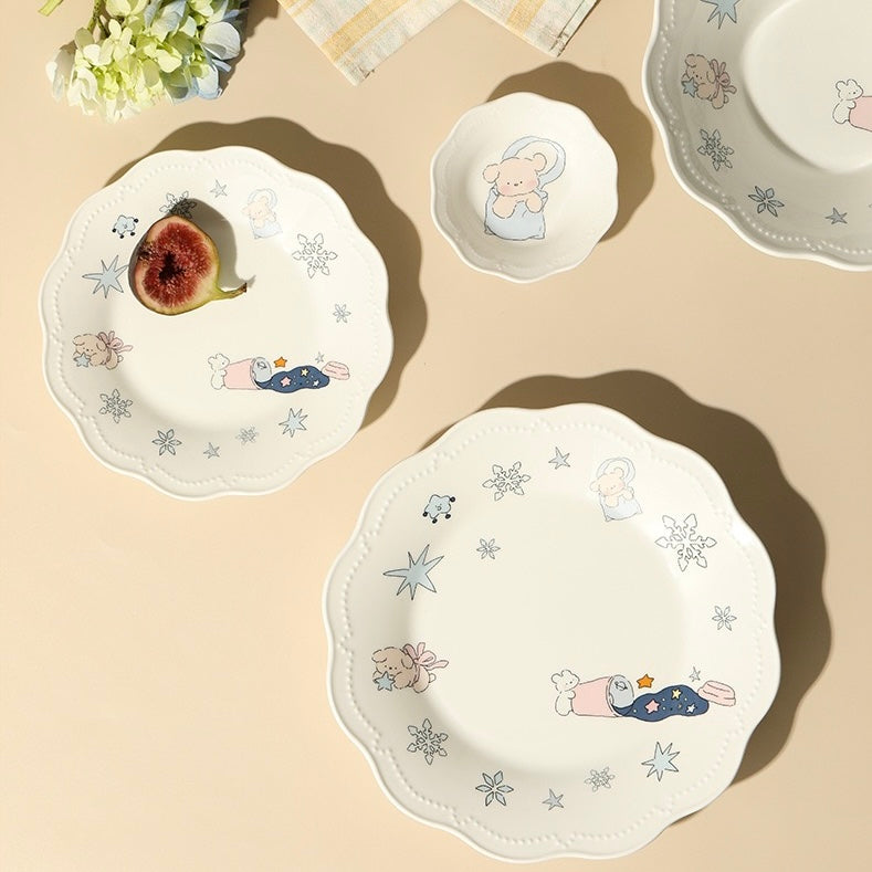 Snowflake Bunny Reinforced White Porcelain Dinnerware Set - Hand-Painted Design, Lightweight & Durable