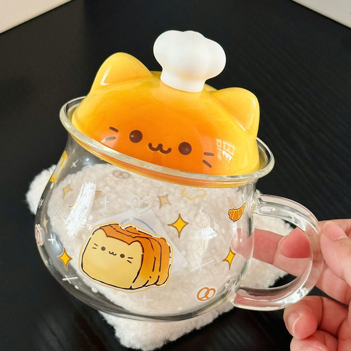 Chef Cat Kawaii Glass Mug with Ceramic Lid – 400ML