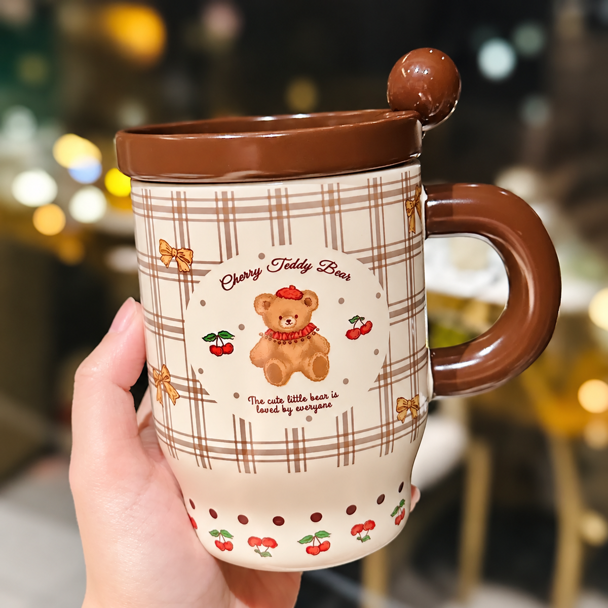 Cherry Bunny & Bear Ceramic Mug with Lid & Spoon – 450ML