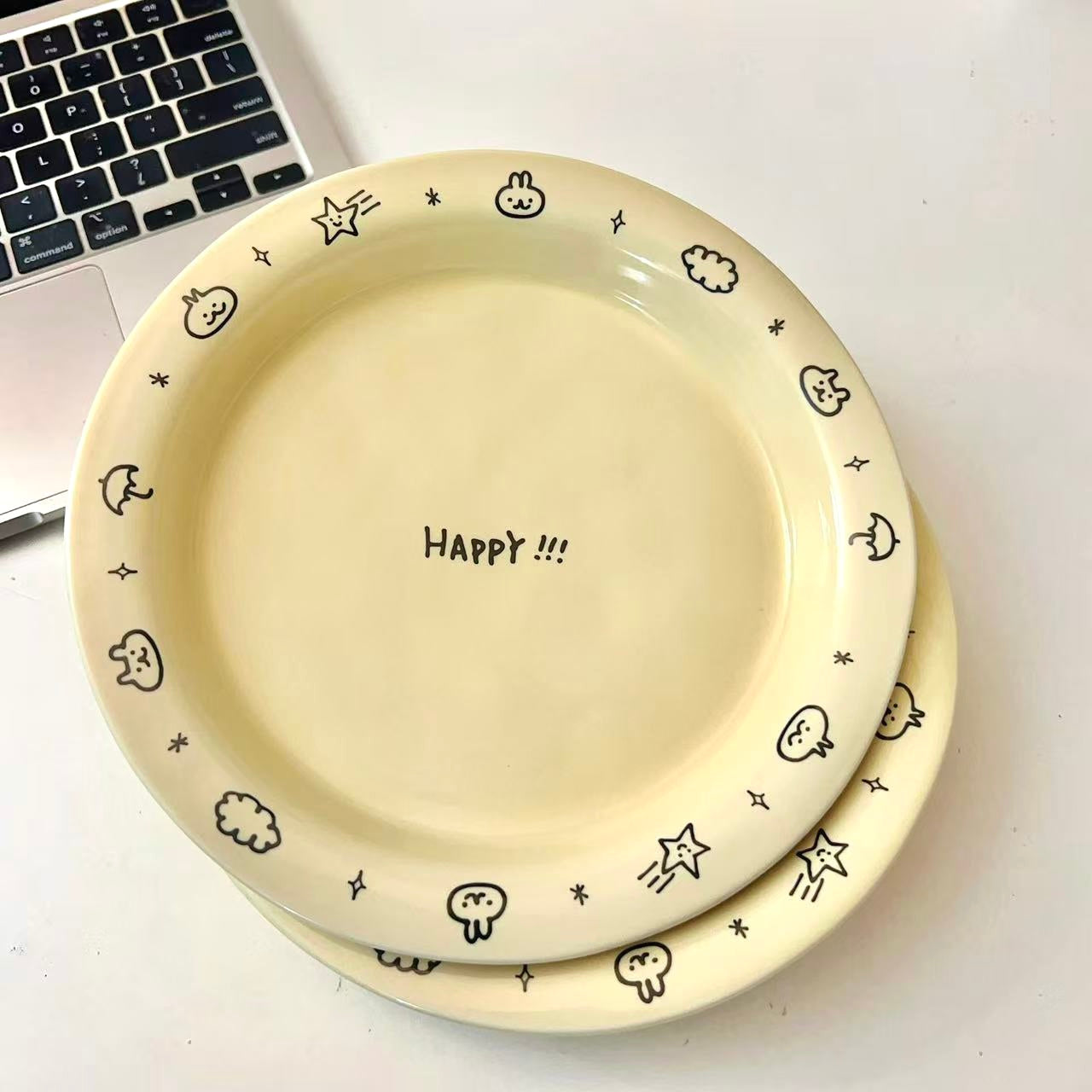 Cream Doodle Style Ceramic Round Plate, 8-Inch