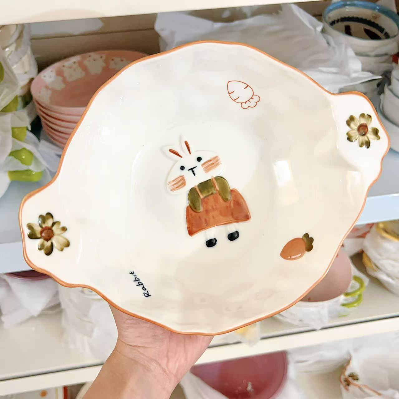 Hand-Painted Rabbit Double-Handle Ceramic Bowl – 750ML