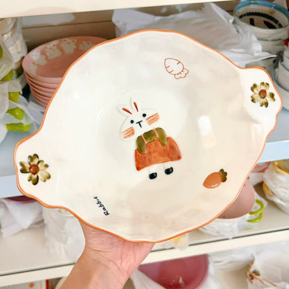 Hand-Painted Rabbit Double-Handle Ceramic Bowl – 750ML