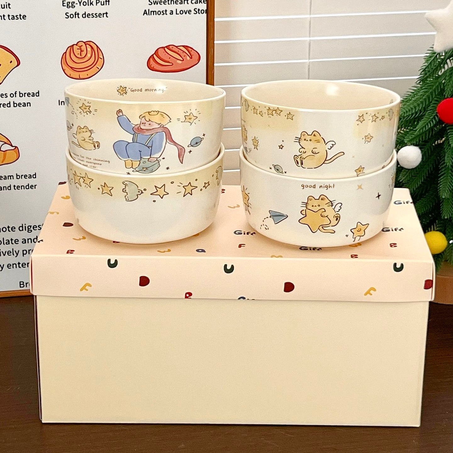 Star prince ceramic bowl set of 4 in cream gift box with alphabet pattern