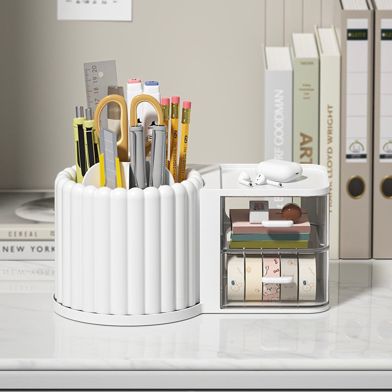 Cream Ribbed Rotating Pen Holder with Drawer Organizer - 2 Colors