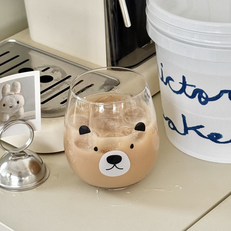 Cute bear and bunny round belly glass cups with iced drinks, 450ML capacity