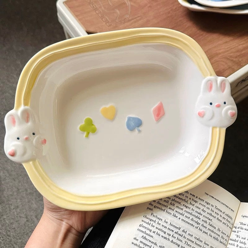 Hand-Painted Bunny Double-Handled Plates - Pastel Colors, Cute Rabbit Design