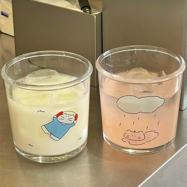 Cat Line-Art Glass Cup, 400ML Capacity