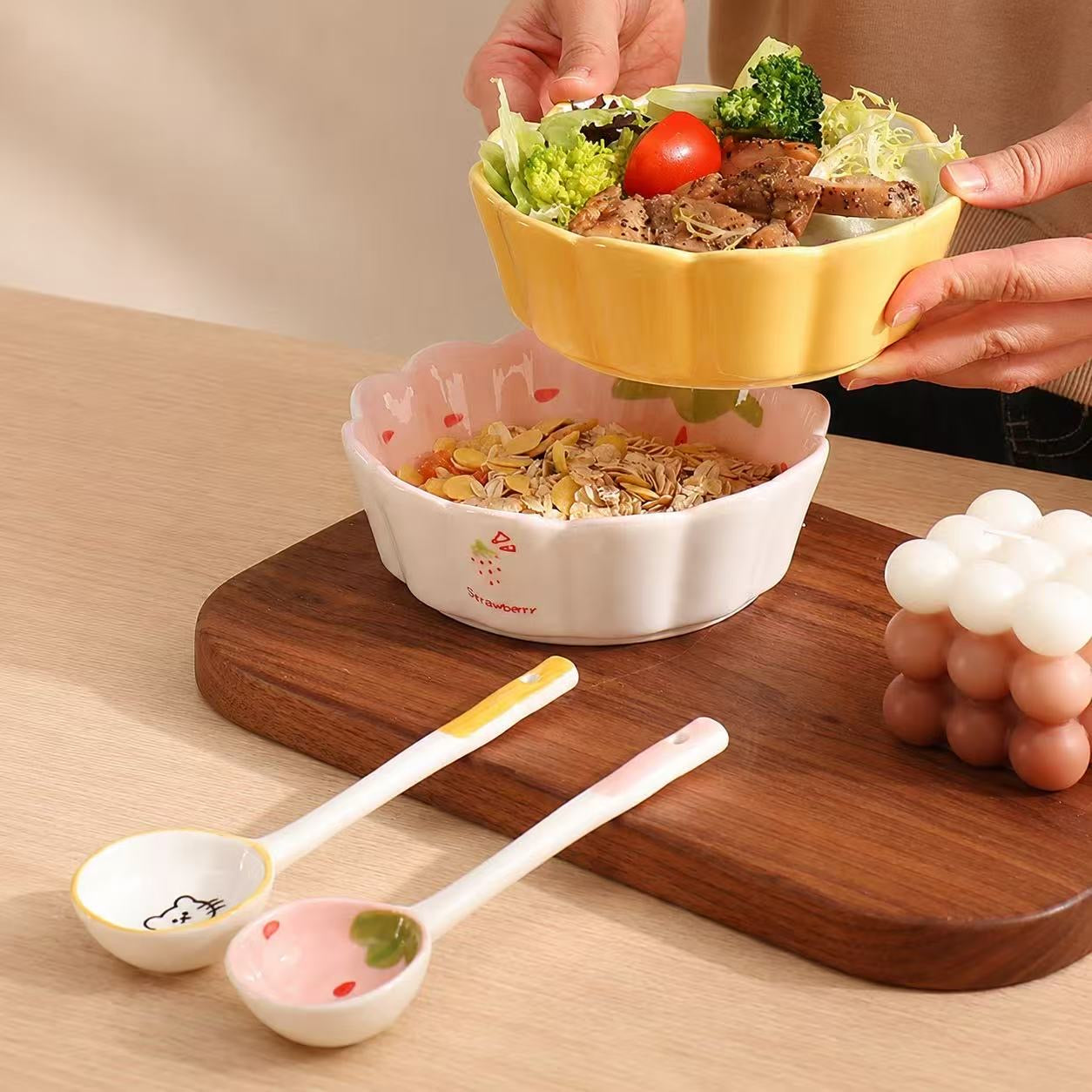 Strawberry & Lemon Ceramic Yogurt Bowl with Spoon - 400ML