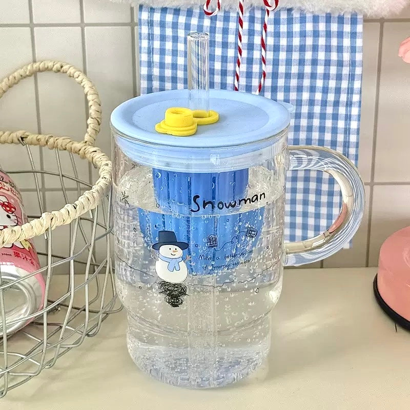 Blue Snowman Glass Cup with Straw & Tea Infuser - 1000ML