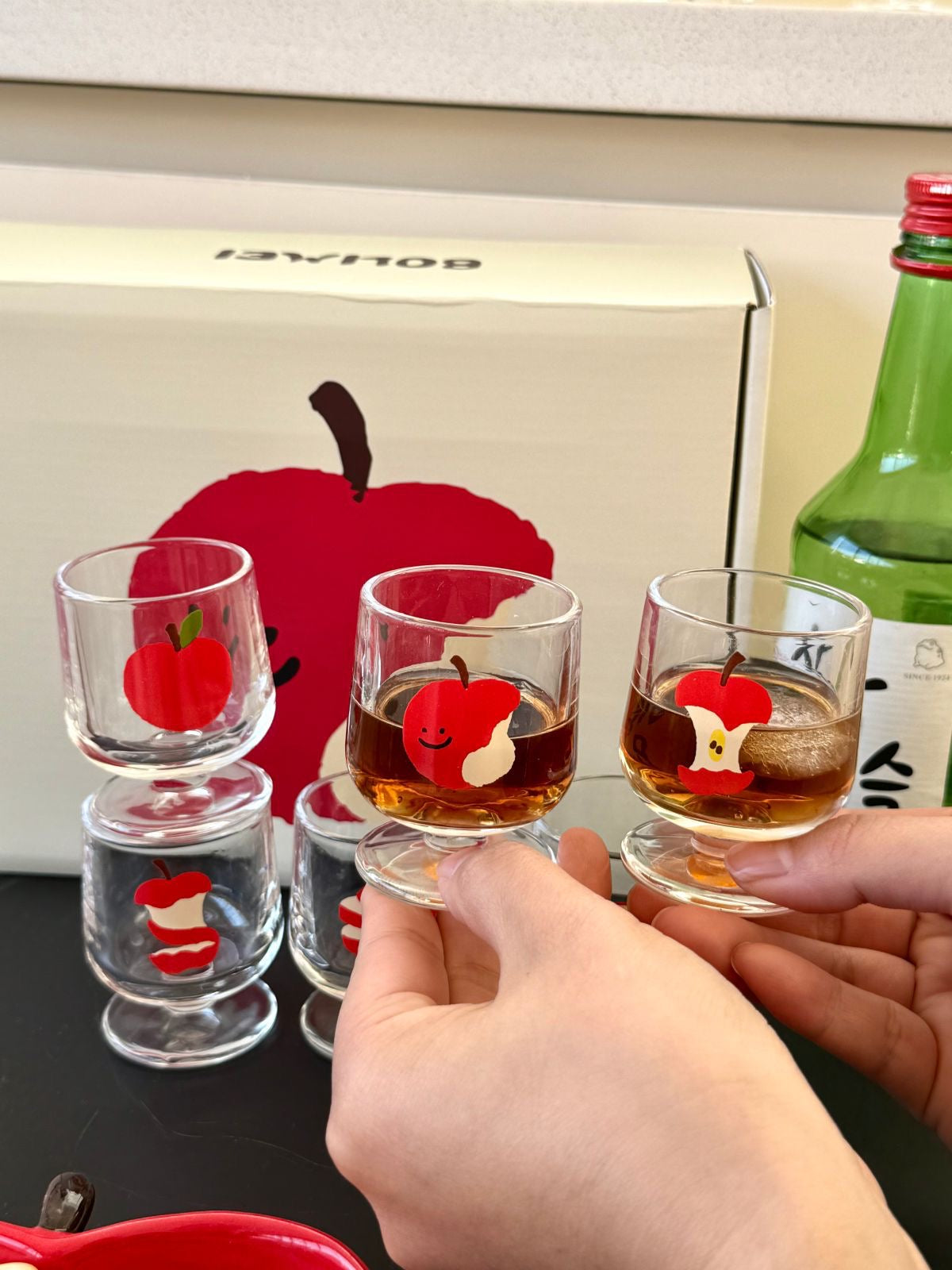 Cute Red Apple Glass Soju Shot Cup Gift Set - Set of 6, 50ML