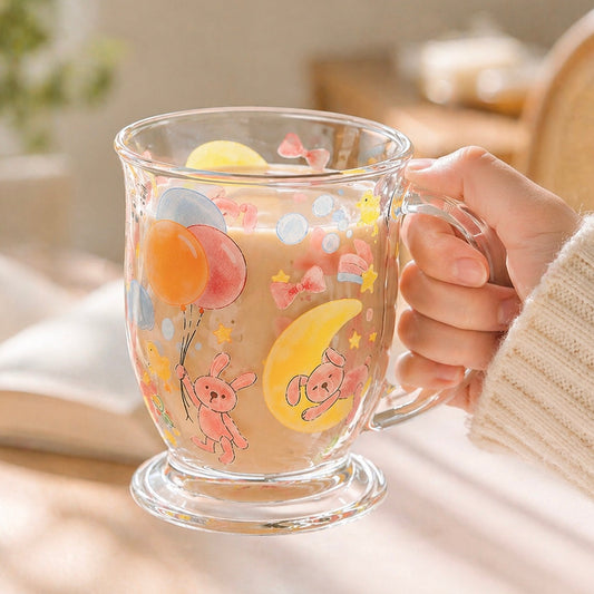 Doodle & Balloon Bunny Glass Mug with Handle – 460ML