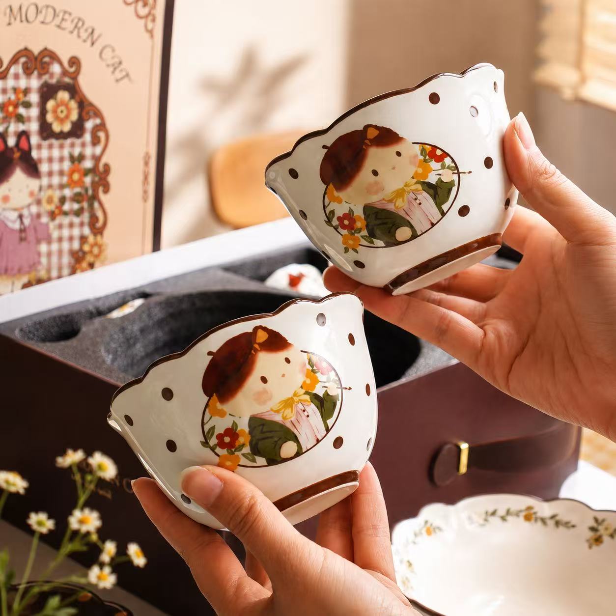 Retro Modern Cat Ceramic Dinnerware Gift Set - Set of 9