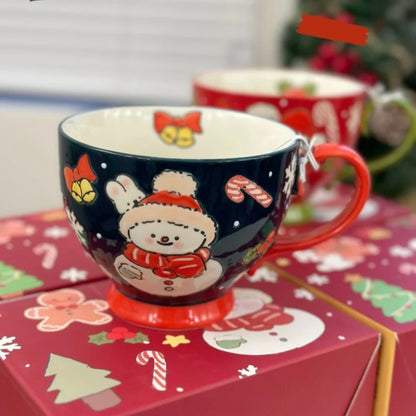 Hand-painted Christmas ceramic mug with Santa bear in red and snowman in navy blue, 500ML