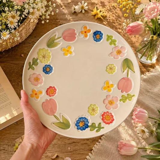 Hand-Painted Vintage Floral Ceramic Serving Plate, 10-Inch