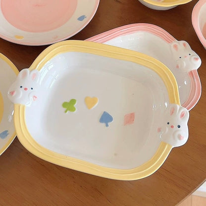 Hand-Painted Bunny Double-Handled Plates - Pastel Colors, Cute Rabbit Design