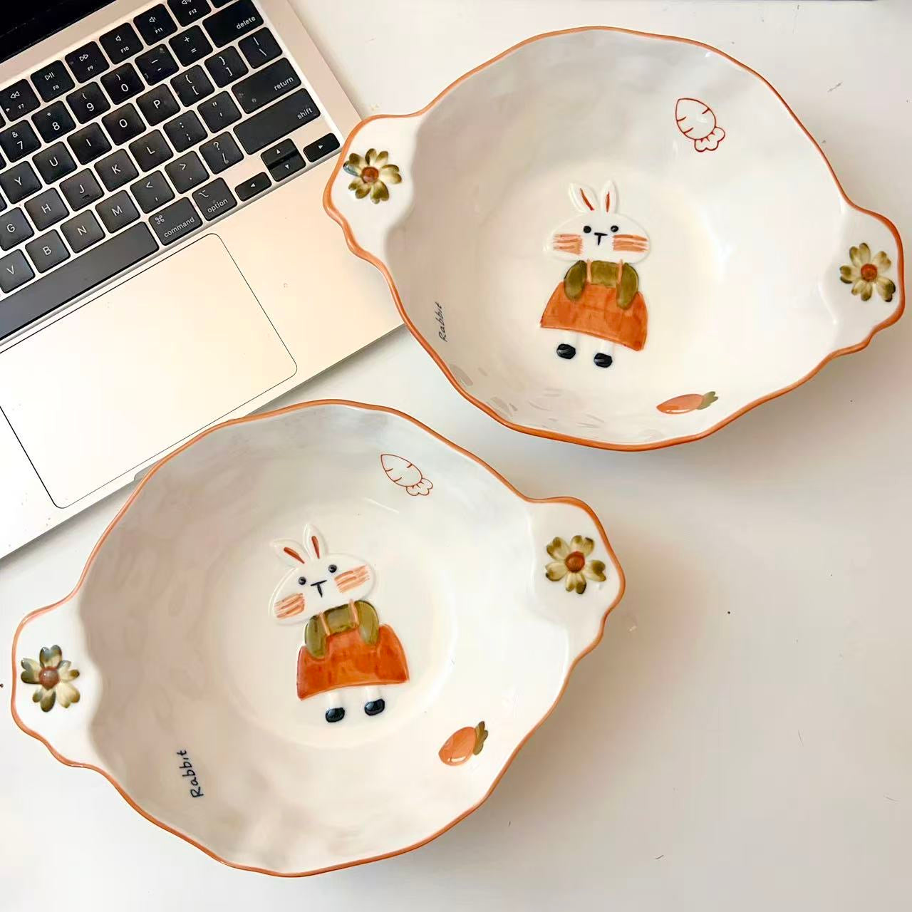 Hand-Painted Rabbit Double-Handle Ceramic Bowl – 750ML