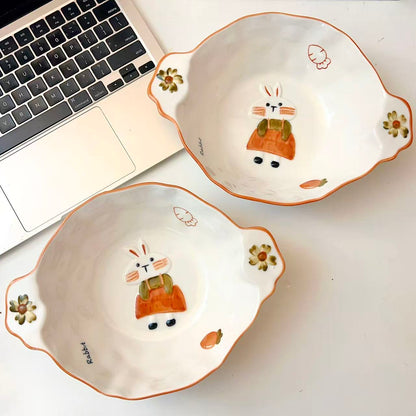 Hand-Painted Rabbit Double-Handle Ceramic Bowl – 750ML