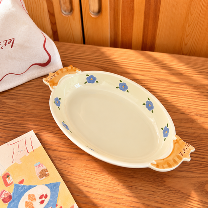 Cats & Flowers Ceramic Oval Dessert Plate with Handles, 8-Inch
