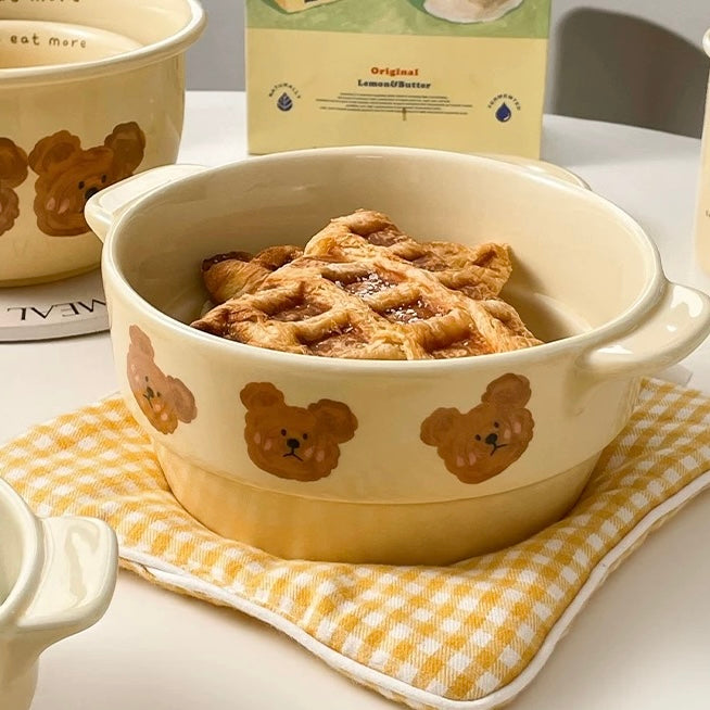 Adorable Double-Handle Baking Bowl with Emo Bear Design – Oven, Microwave, and Air Fryer Safe