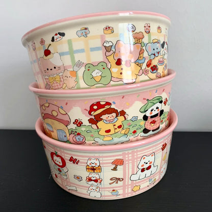 Pink ceramic salad bowls stacked showing Westie café, panda picnic, and piggy bakery designs, 600ML