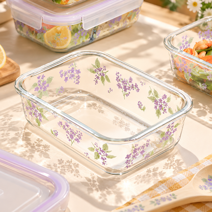 Purple Floral Glass Food Storage Container with Lid – 500ML / 850ML