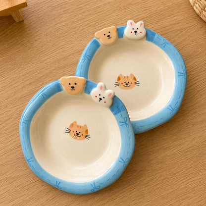 Hand-Painted Bunny & Bear Cute Ceramic Deep Plate, 8-Inch
