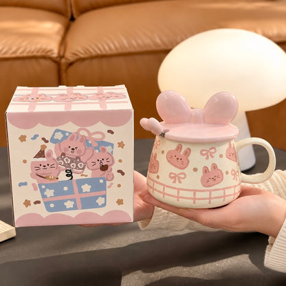 Pink Bunny Ceramic Mug with Lid & Spoon – 400ML