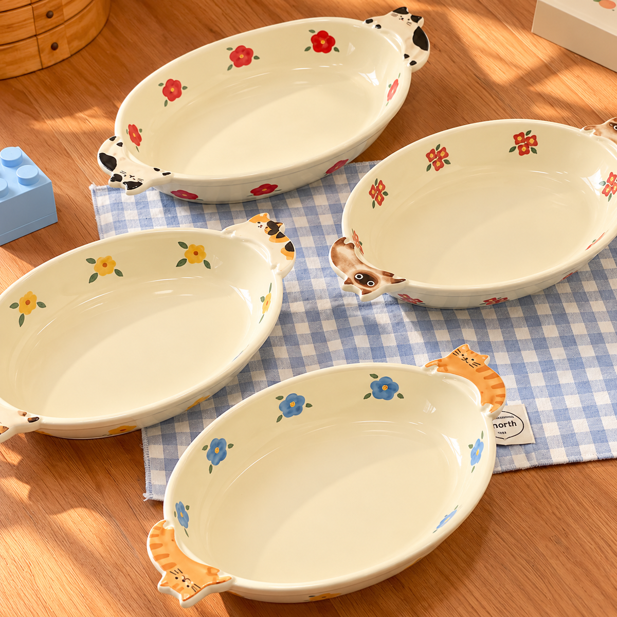 Cats & Flowers Ceramic Oval Dessert Plate with Handles, 8-Inch