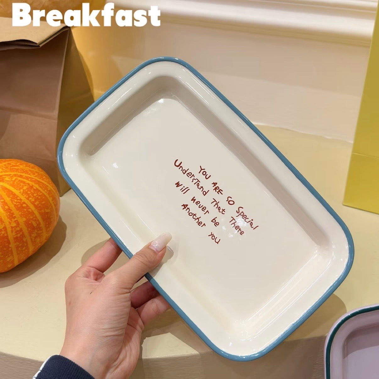 Pastel Colors Ceramic Rectangular Breakfast Plate, 10.5-Inch