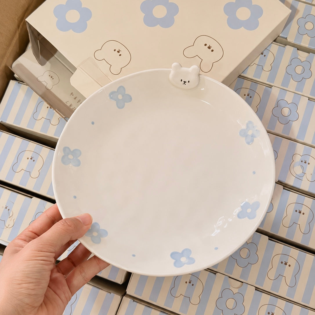 Hand-Painted Flower Bunny Ceramic Dessert Plate, 8-inch