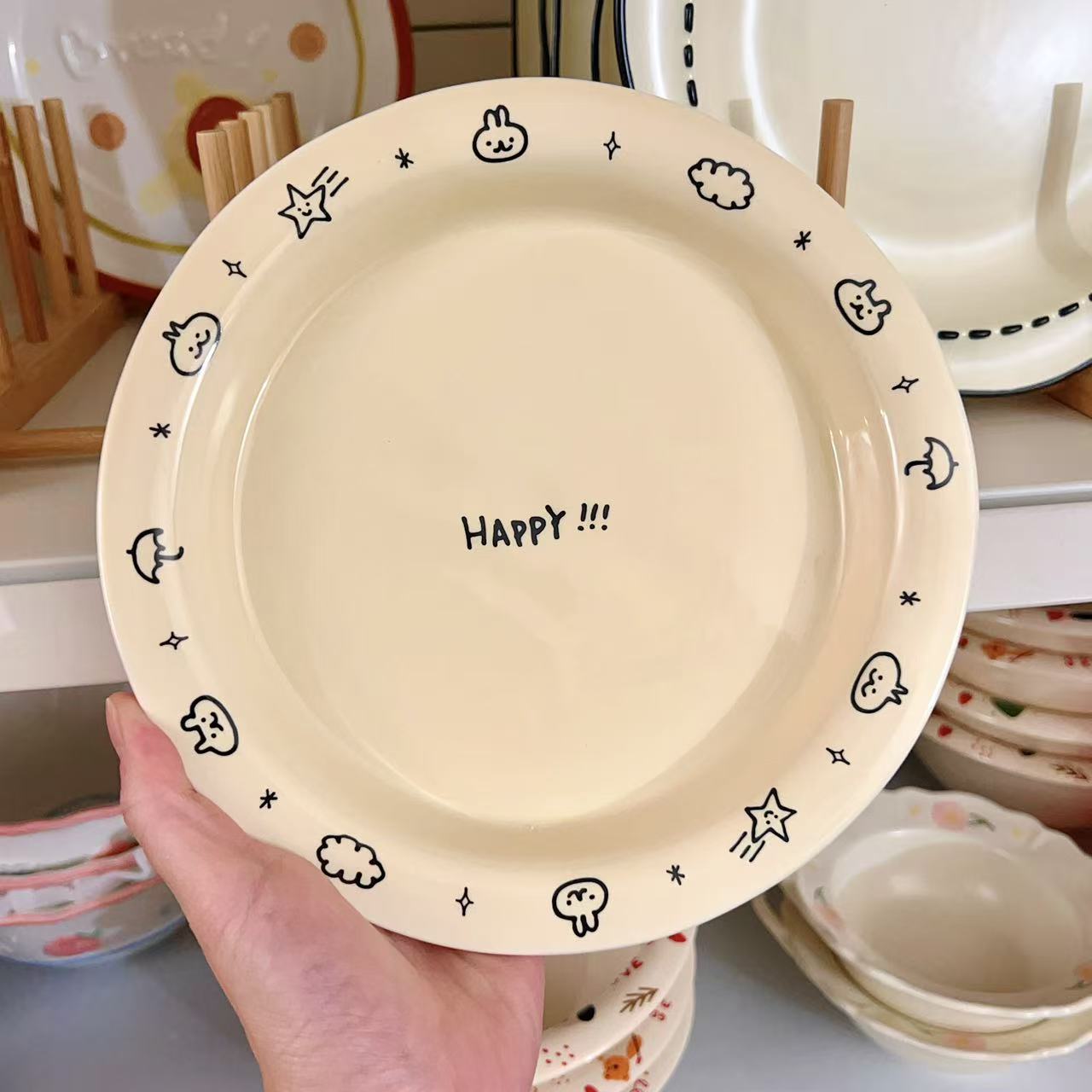 Cream Doodle Style Ceramic Round Plate, 8-Inch