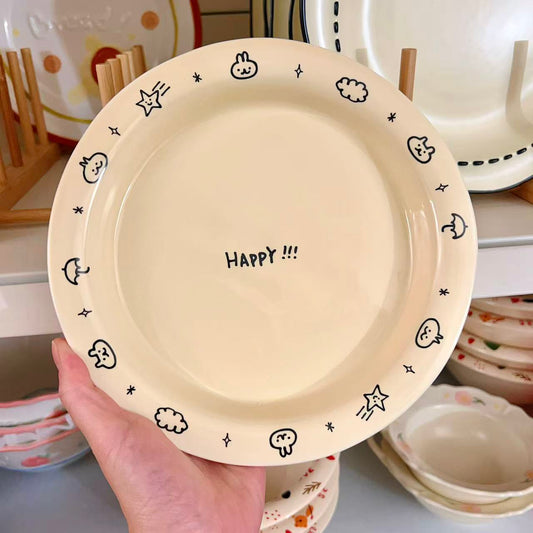 Cream Doodle Style Ceramic Round Plate, 8-Inch