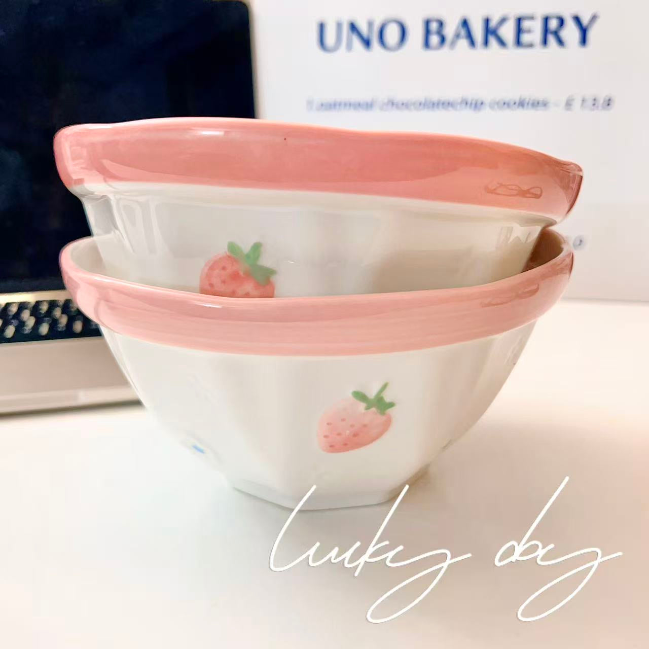 Pink Strawberry Ceramic Noodle Bowl – 800ML