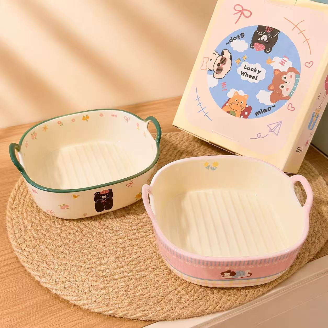 Cute Animal Ceramic Baking Dish with Handles - Oven & Air Fryer Safe