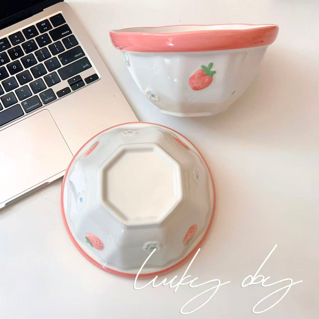 Pink Strawberry Ceramic Noodle Bowl – 800ML