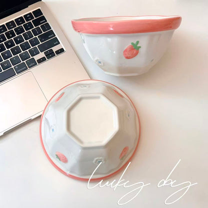 Pink Strawberry Ceramic Noodle Bowl – 800ML