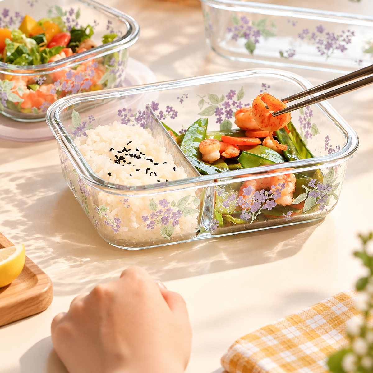 Purple Floral Glass Food Storage Container with Lid – 500ML / 850ML