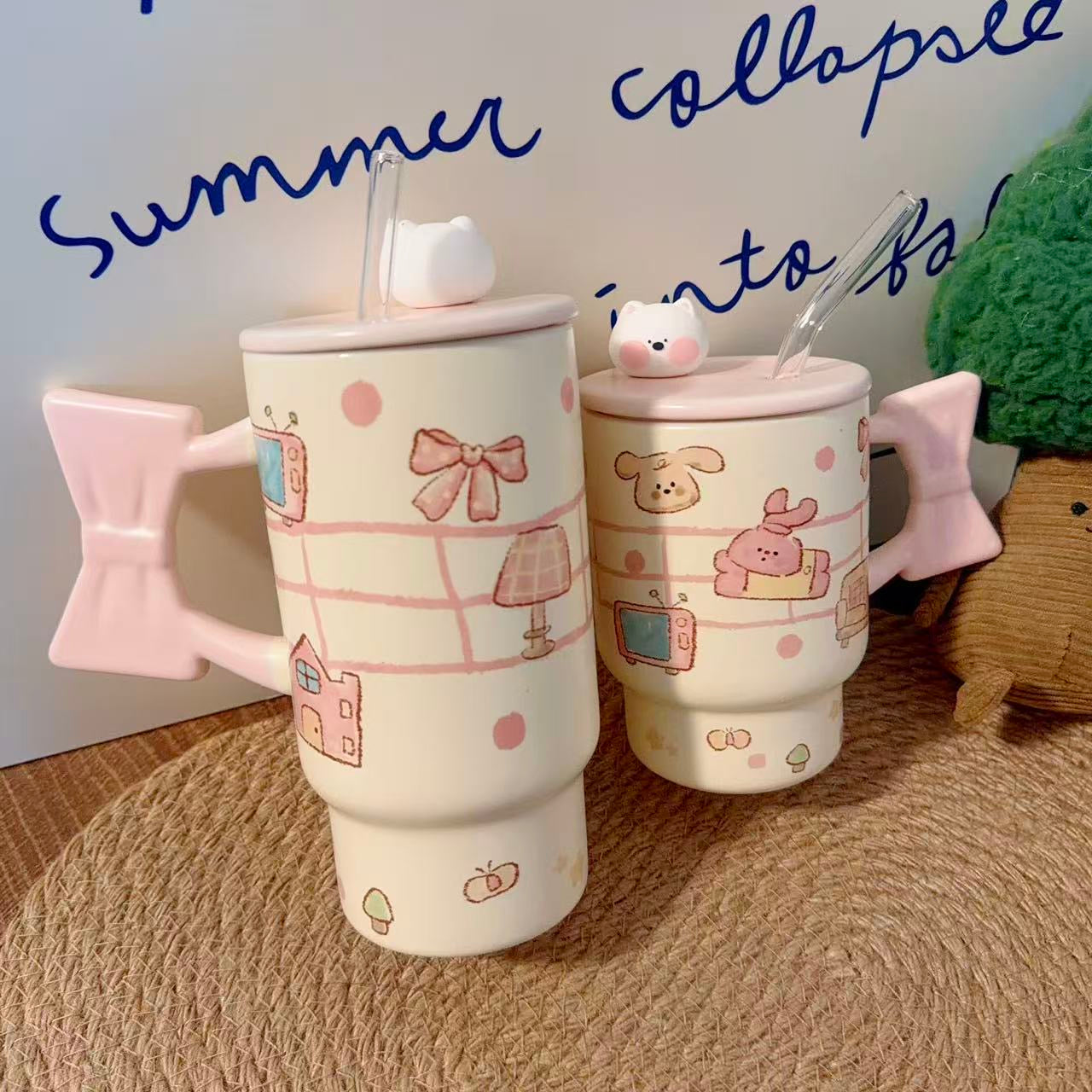 Bow Bunny Ceramic Mug with Straw & Lid - 400ML / 600ML