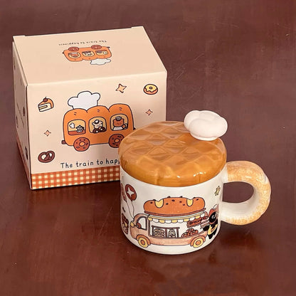Bread truck cat ceramic mug with bread-shaped lid and gradient handle, 420ML capacity